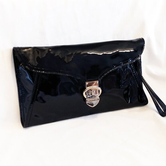 Karen Millen Black Patent Leather Clutch Bag-Leopard Print Interior & Hand Strap - Picture 4 of 14